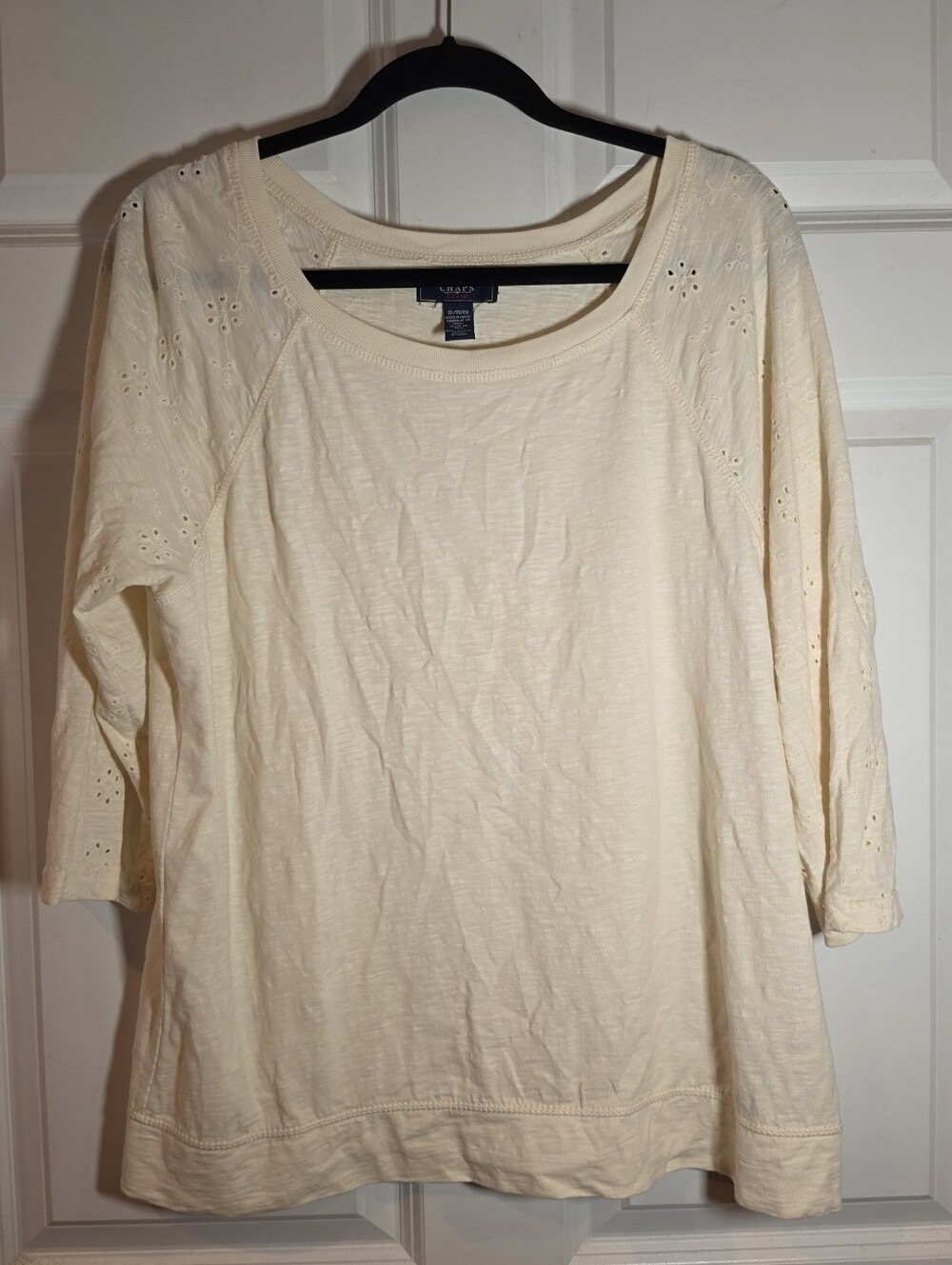 Chaps Eyelet 3/4 Sleeve Cream Cotton Top XL